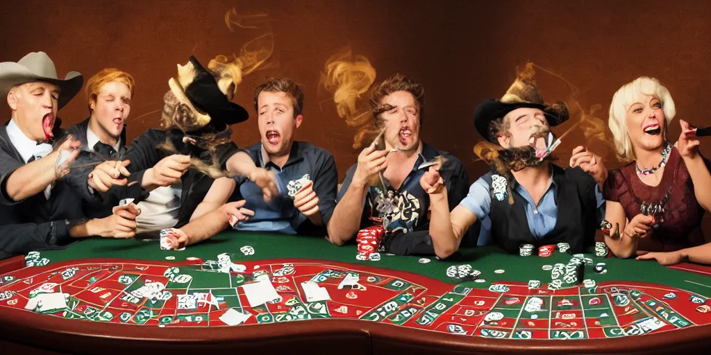 Image similar to five cats playing Texas holdem poker, smoking cigarettes and singing