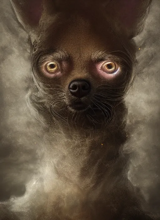 Image similar to doe chihuahua huge ominous glowing brown eyes staring into my soul, perfect eyes, soft pale golden skin, intricate stunning highly detailed, Agostino Arrivabene, Tomasz Strzalkowski, twisted bright lucid dream, 8k portrait render, swirling thick smoke , beautiful lighting, dark fantasy art, cgsociety