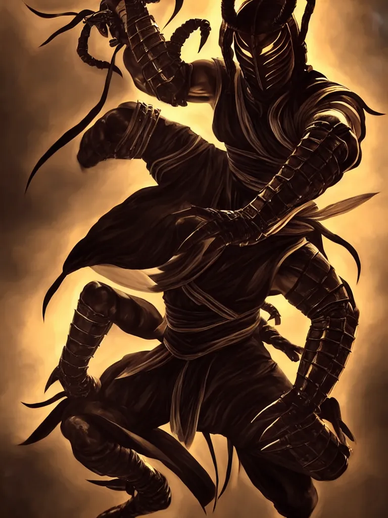 Image similar to full body, full figure portrait of hanzo hasashi scorpion from mortal kombat in the sky, full body shot, camera pulled back far, highly detailed dramatic lighting, artstation, atmospheric perspective, artgerm, mk ninja, epic ninja suit, intense contrast, 3 light sources, by lee bermejo, alphonse mucha and greg rutkowski