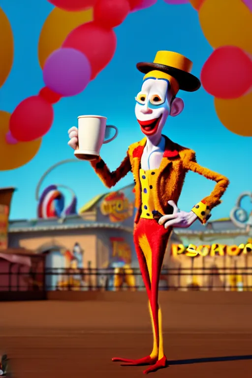 Image similar to portrait of a clown holding a cup of coffee with the circus in background, full body. pixar disney 4 k 3 d render funny animation movie oscar winning trending on artstation and behance. ratatouille style.