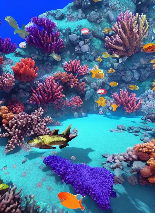 Prompt: a coral reef, bright colours, megaladon shark, hyper realistic, crystal clear blue underwater, 1 million point cloud digital image, unreal engine,