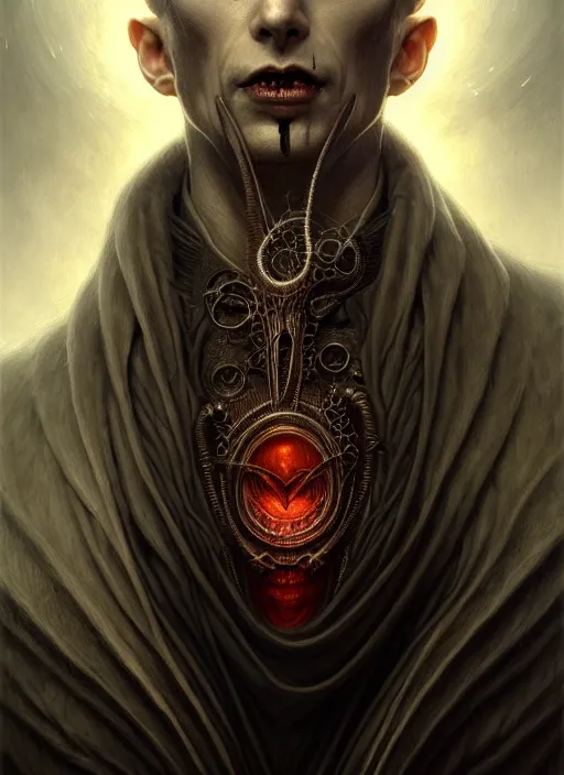 Image similar to portrait shot of a male vampire, a scenic dystopian environment, lovecraftian, intricate, elegant, highly detailed, centered, digital painting, artstation, concept art, smooth, sharp focus, illustration, artgerm, tomasz alen kopera, peter mohrbacher, donato giancola, joseph christian leyendecker, wlop, boris vallejo