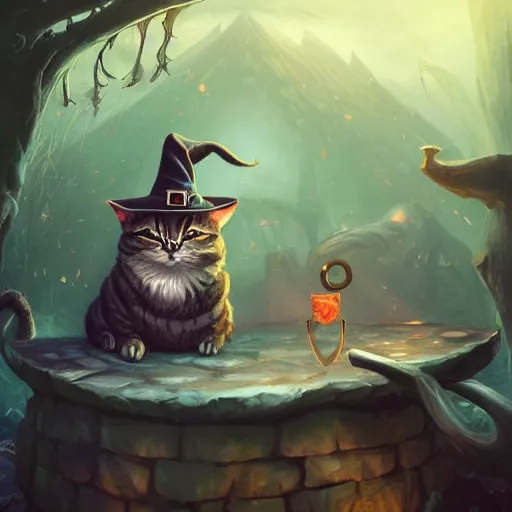 Image similar to Anthropomorphized cat brewing potion, evil smile, witch Hut, witch hat, dark fantasy, magic the gathering artwork, D&D, fantasy, cinematic lighting, centered, symmetrical, highly detailed, digital painting, artstation, concept art, smooth, sharp focus, illustration, volumetric lighting, epic Composition, 8k, art by Akihiko Yoshida and Greg Rutkowski and Craig Mullins, oil painting, cgsociety