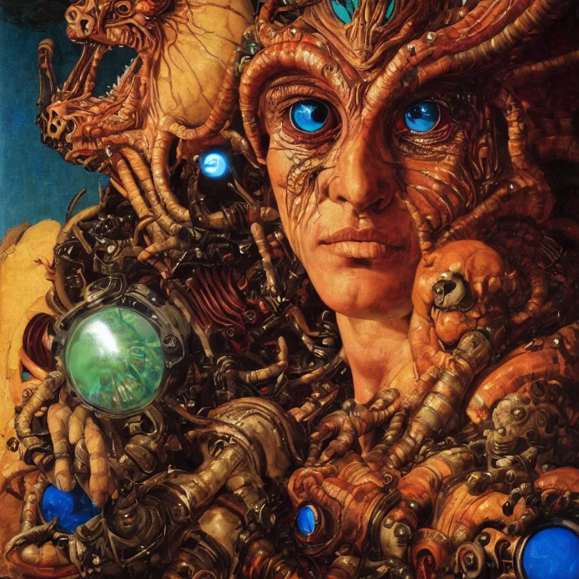 Prompt: a baroque close - up portrait of a cosmic fantasy alien cyborg shaman god wearing facepaint and a colorful laser eyes, holding a dragon. black background. studio lighting, big eyes. highly detailed science fiction fantasy painting by norman rockwell, moebius, frank frazetta, syd mead, and sandro botticelli. high contrast. renaissance masterpiece. artstation.