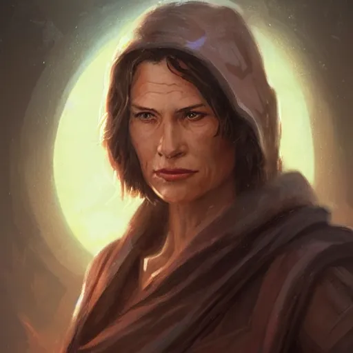 Image similar to portrait of a woman by greg rutkowski, grand jedi master jaina solo, star wars expanded universe, she is about 6 0 years old, wearing jedi robes, highly detailed portrait, digital painting, artstation, concept art, smooth, sharp foccus ilustration, artstation hq