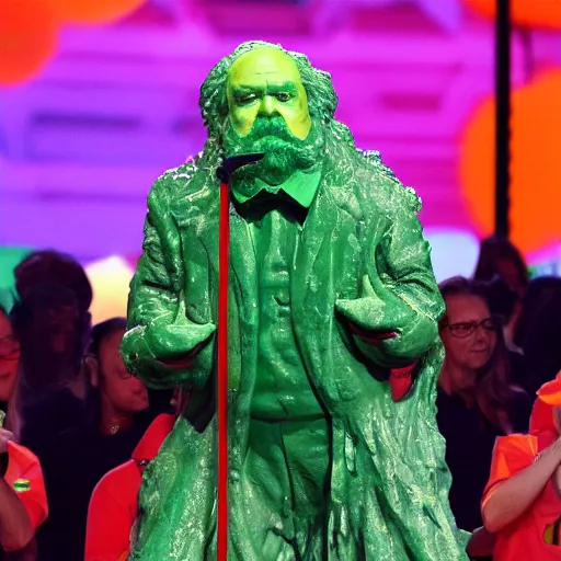 Prompt: karl marx slimed at the kids choice awards, professional photography