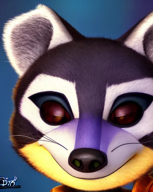 Prompt: closeup portrait of sly cooper raccoon, disney, pixar,