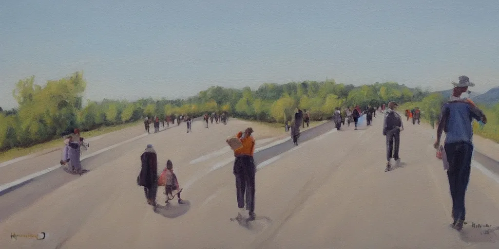 Prompt: People strolling along the highway, Martin Handford painting style.