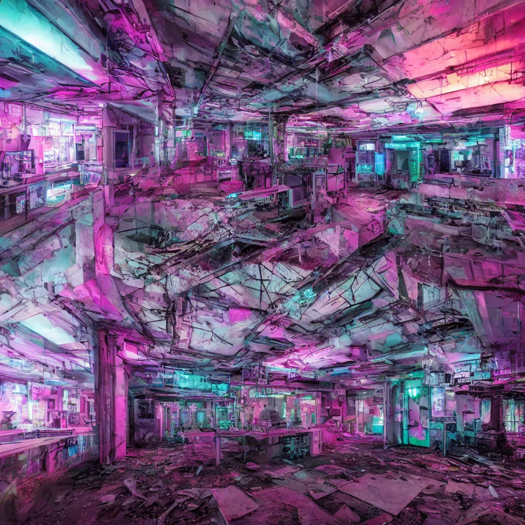 Image similar to urbex, vaporwave synthwave cyberpunk psychedelic