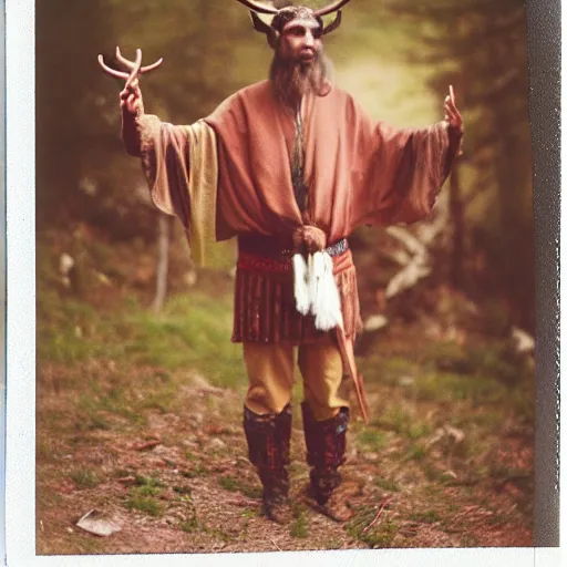 Image similar to over exposed color polaroid photograph of a neolithic european shaman wearing deer clothing