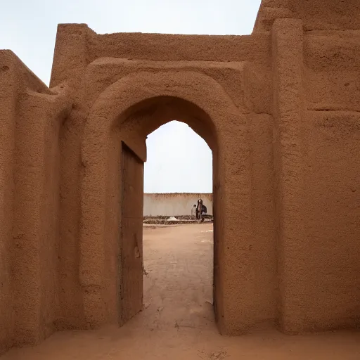 Prompt: High-quality photography of a West African city gate made of mud bricks, Canon TS-E 17 mm, National Geographic