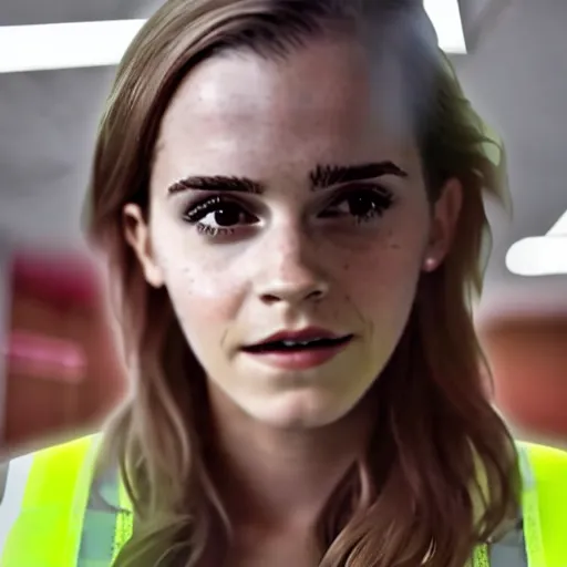 Image similar to photo, close up, emma watson in a hi vis vest, in warehouse, soft light, android cameraphone, snapchat story screenshot, 2 6 mm,