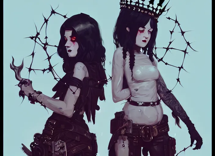 Image similar to portrait of two cute goth maiden girls with crown of thorns and white short hairs, dressed in leather belts, warhammer, cyberpunk, by atey ghailan, by greg rutkowski, by greg tocchini, by james gilleard, by joe gb fenton, by kaethe butcher, dynamic lighting, gradient light blue, brown, blonde cream and white color in scheme, grunge aesthetic