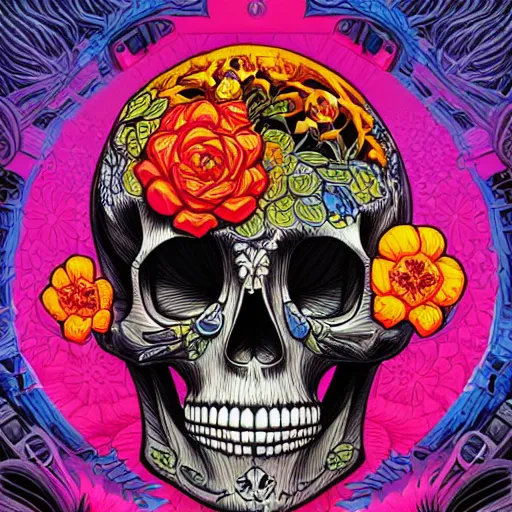 Image similar to ortographic view of a large skull with cybernetic modifications and vivid flowers by Jen Bartel and Dan Mumford and Satoshi Kon, gouache illustration