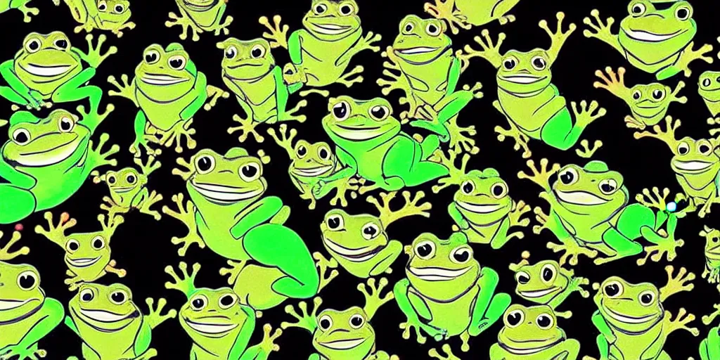 Prompt: frog frog frog, lots of frogs, frogs, wow frogs, look at those frogs, damn that’s a lot of frogs