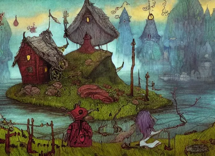 Prompt: a fantasy landscape with houses around a big lake, lowbrow in the style of alexander jansson and john bauer,