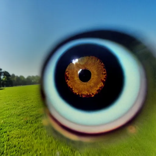 Image similar to a photorealistic picture of a large eyeball in the middle of a park