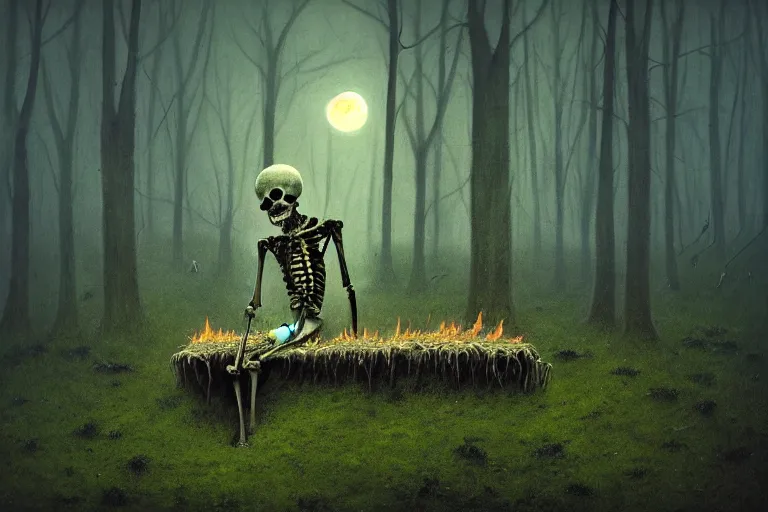 Image similar to a burning with fire human skeleton sitting behind computer, overgrown with moss, in foggy forest, at night with moon light, dark atmosphere, by beksinski zdzislaw