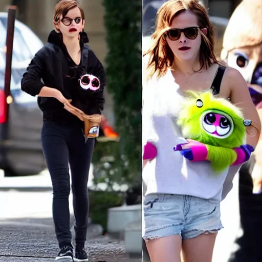 Image similar to Emma Watson wearing Furby with ketchup