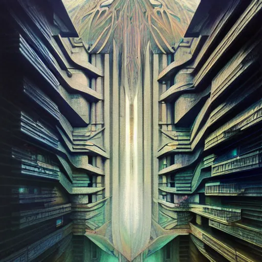 Image similar to extremely psychedelic beautiful brutalist architecture infected by night. intricate, elegant, highly detailed, extremely lifelike photorealistic digital painting, artstation. steichen, gaston bussiere, tom bagshaw, brutalist cyberpunk alphonse mucha. elegant minimalism. anatomically correct. sharp focus. white. surreal lush cosmic hallucination