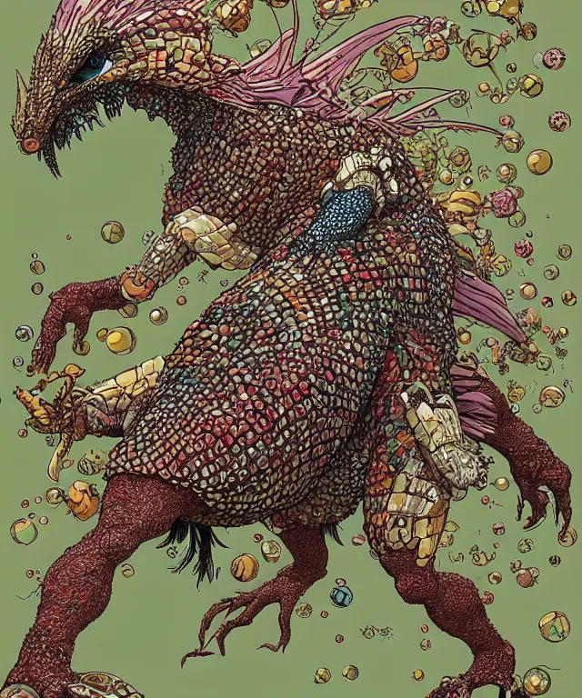 Image similar to a creature covered in scales and feathers spitting acid, fantasy, elegant, digital painting, artstation, concept art, matte, sharp focus, illustration, art by geof darrow