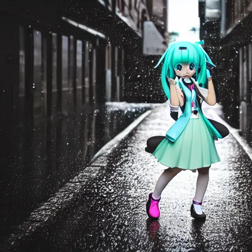 Image similar to hatsune miku walking down a rainy street, ef 8 5 mm f 1. usm