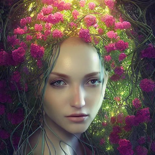 Image similar to ultra realistic 3 d render of a nature goddess made of vines and flowers rising out of the water by charlie bowater, beautiful, bioluminescent, ethereal, mist