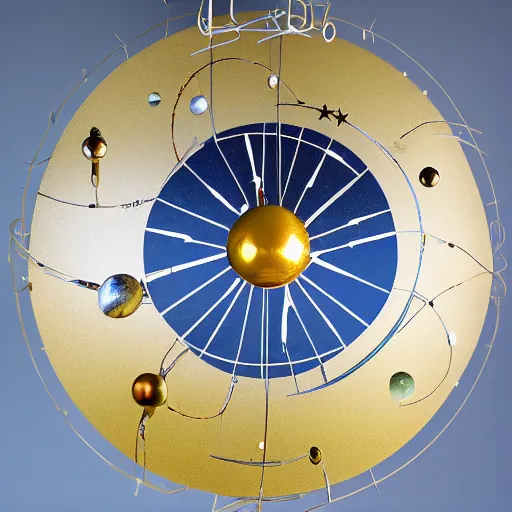 Prompt: a kinetic sculpture of this solar system, sun, mercury, venus, earth, mars, jupiter, saturn, uranus, neptune, pluto, orrery, canon 5 d 5 0 mm lens, papier - mache, studio, official intelligence