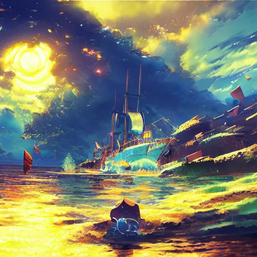 Image similar to disco diffusion painting of a pirates landscape by makoto shinkai, masterpiece, contest award winner