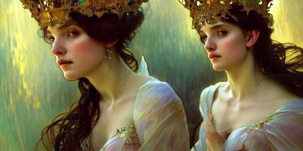 Image similar to hyperrealist portrait of a fairy girl emperorit is decorated with long robes that fall like stars and wears a huge crown. by jeremy mann and alphonse mucha, fantasy art, photo realistic, dynamic lighting, artstation, poster, volumetric lighting, very detailed faces, 4 k, award winning