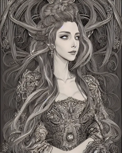 Image similar to portrait of a woman, baroque style, elegant, beautiful, mesmerizing, concept art, intricate linework, detailed and intricate environment, highly detailed, artstation, behance, deviantart, inspired by monstress, sana takeda