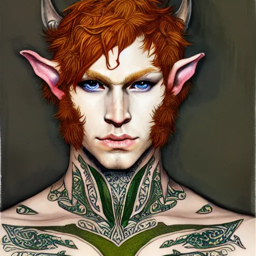 Prompt: portrait painting of an elven young man with short ginger hair and tribal branch tattoos on his face wearing fur armor, sharp focus, award - winning, trending on artstation, masterpiece, highly detailed, intricate. art by rebecca guay