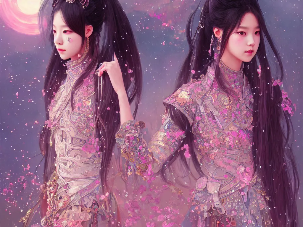 Image similar to portrait jisoo blackpink, wearings samurai colorpunk armor, in temple firefly stormy sparkles night, ssci - fi and fantasy, intricate and very very beautiful and elegant, highly detailed, digital painting, artstation, concept art, smooth and sharp focus, illustration, art by tian zi and wlop and alphonse mucha