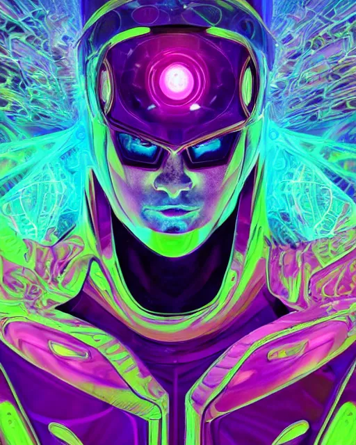 Image similar to a powerful energy psychedelic matrix super hero, by alexander fedosav, hyper detailed digital matte painting, concept art, hyperrealism, 1 6 k resolution, cinema 4 d, 8 k resolution, trending on artstation, behance hd, a masterpiece, by stephan martiniere, particles, cel - shaded, power bright neon energy, by david a. hardy,