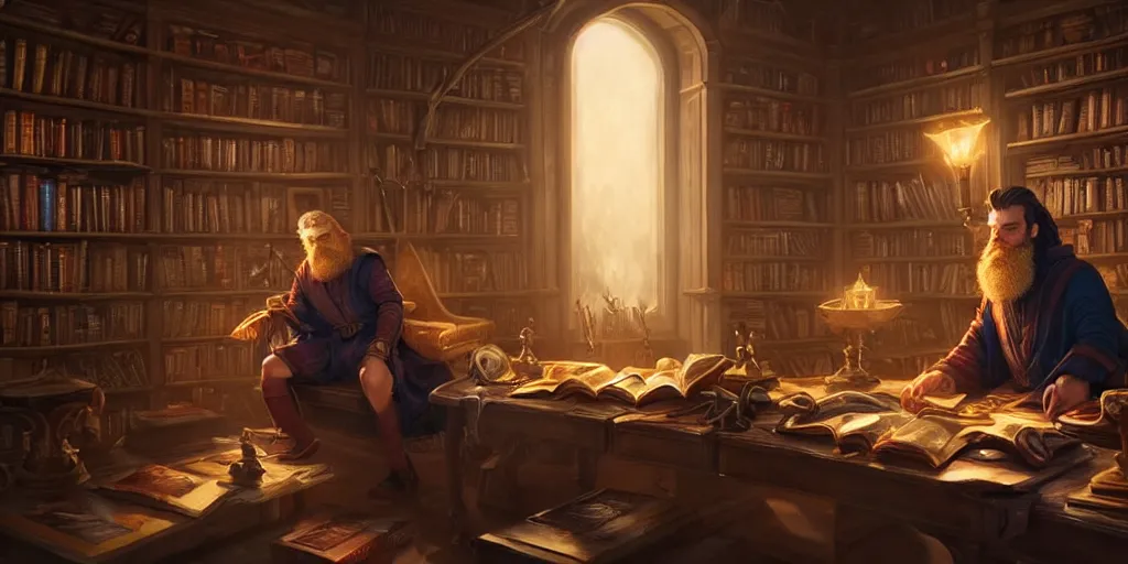 Prompt: a handsome bearded white male sorcerer in his library, the room filled with colorful magic, hands not shown, brown hair, epic composition, waist up, trending on artstation, concept art, very detailed, consistent, hd, by stanton feng