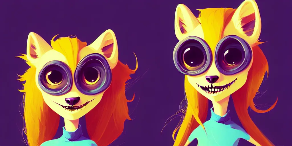 Image similar to curved perspective, extreme narrow, extreme fisheye, digital art of a female marten animal cartoon character wearing jewlery with blonde hairstyle by anton fadeev from nightmare before christmas