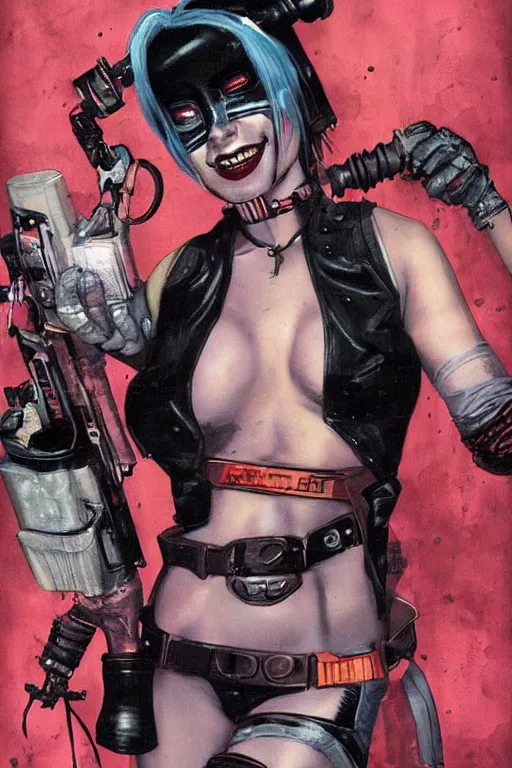 Prompt: a dream portrait of cyberpunk Harley Quinn in post apocalyptic Gotham art by Paul Dini, Joe Chiodo