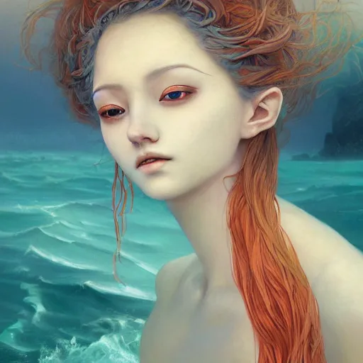 Image similar to breathtakingly detailed concept art painting portrait of goddess sinking into the sea, carrot colored hair, orthodox saint, full body, gorgeous background, created by hsiao - ron cheng, very moody lighting, 8 k