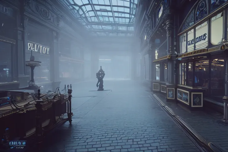 Prompt: point of view of a gunner on a victorian shopping mall, cinematic lightning, ray tracing, unreal engine 5, photorealistic, 8 k, uhd, 4 k, fps game concept, extremely detailed, beautiful, elegant, intricate, foggy, in - game footage