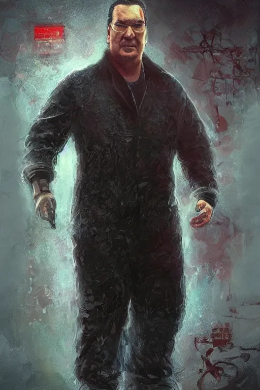 Prompt: sad steven seagal full body portrait in handcuffs, intricate, highly detailed, digital painting, artstation, concept art, smooth, sharp focus, illustration, whimsical background by marc simonetti, artwork by liam wong, patriotic, handcuffs!!!!!!!!