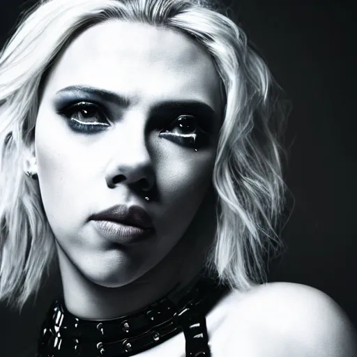 Prompt: scarlett johansson as a cyberpunk cyborg goth woman, pale skin, sensual, beautiful soft light failling on her face, studio photography, nikon 3 5 mm portrait photography, ultra realistic