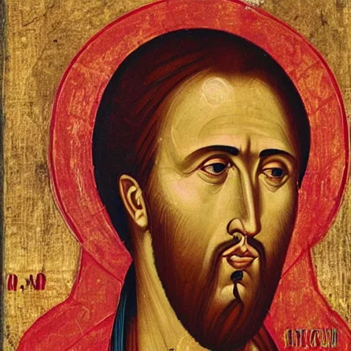 Prompt: A detailed portrait Nicolas Cage, 7th century byzantine iconography, historical