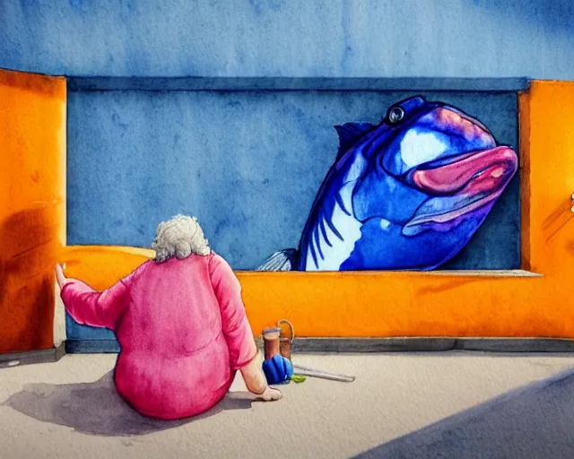 Image similar to an innocent and beautiful scene in hyper realistic style, watercolor and pen drawing, of a fat old woman painting a huge colorful fish on the wall, lighting from the barred window. shadows. 4 k. wide angle. wild mood. red mouth, blue eyes. deep focus, lovely scene. ambient occlusion render. unreal engine.