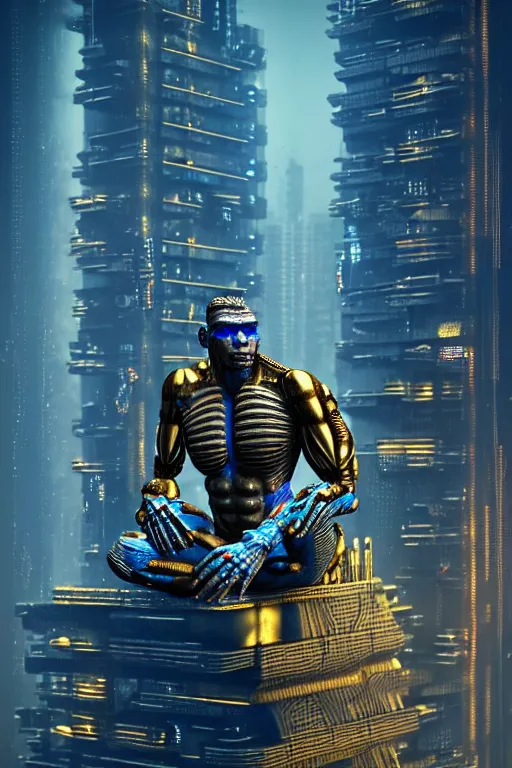 Image similar to high quality 3 d render brutalist cyborg! muscular man monkey blue hybrid sitting, gold madhubani, highly detailed, cyberpunk!! mumbai in the background, unreal engine cinematic smooth, szukalski & blade runner, moody light, low angle, uhd 8 k, sharp focus