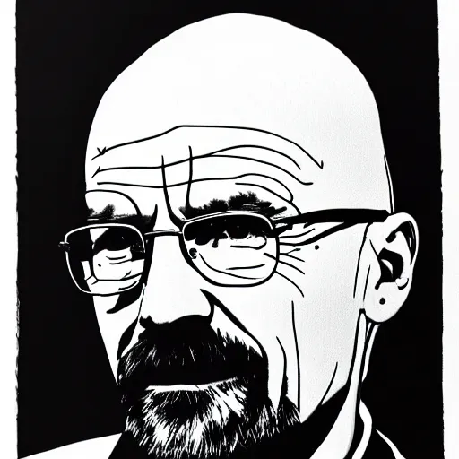 Image similar to a portrait of Walter White, made by Andy Warhol, two tone, very high contrast, only black and white, simplistic, extremely high contrast, two tone, notan art, by Andy Warhol, minimalistic,