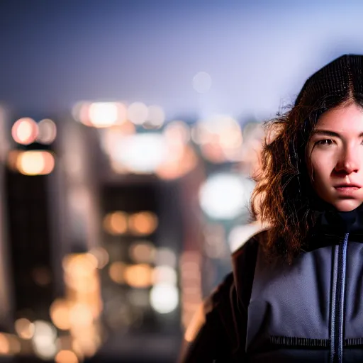 Image similar to photographic portrait of a techwear woman the camera a bullet, closeup, on the rooftop of a futuristic city at night, sigma 85mm f/1.4, 4k, depth of field, high resolution, full color, award winning photography