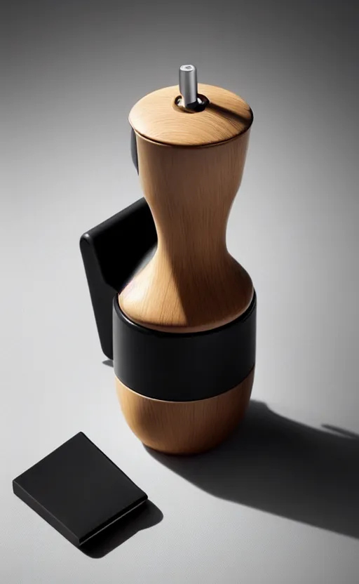 Image similar to a stylish handheld electric coffee grinder ; designed by marc newsom, zaha hadid, blonde, joseph and joseph, dieter rams ; natural materials ; industrial design ; behance ; le manoosh ; pinterest ; if design award ; reddot design award