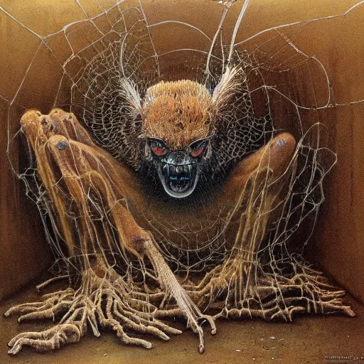 Image similar to tarantula morphed with hyena in sewer, long skinny legs and large fangs, sitting on web, highly detailed beksinski painting