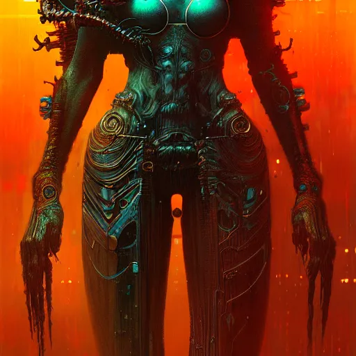 Prompt: a highly detailed long shot photo of chthonic cyberpunk! warcraft female character by ayami kojima, beksinski, giger, intricate, digital painting, artstation, intricate, concept art, smooth, sharp focus, illustration