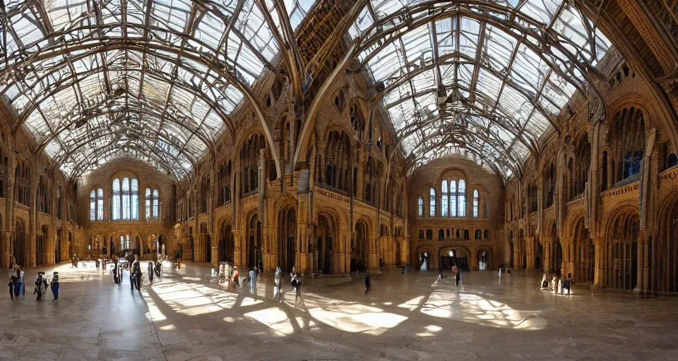 Prompt: A wide angle photo of the Hintze Hall at the Natural History Museum flooded with water, there’s a waterfall and vines growing up the walls, tropical, misty and beautiful inside, dappled light, sun rays through the windows, butterflies and birds, glistening, magical, camera partially submerged, you can see fish